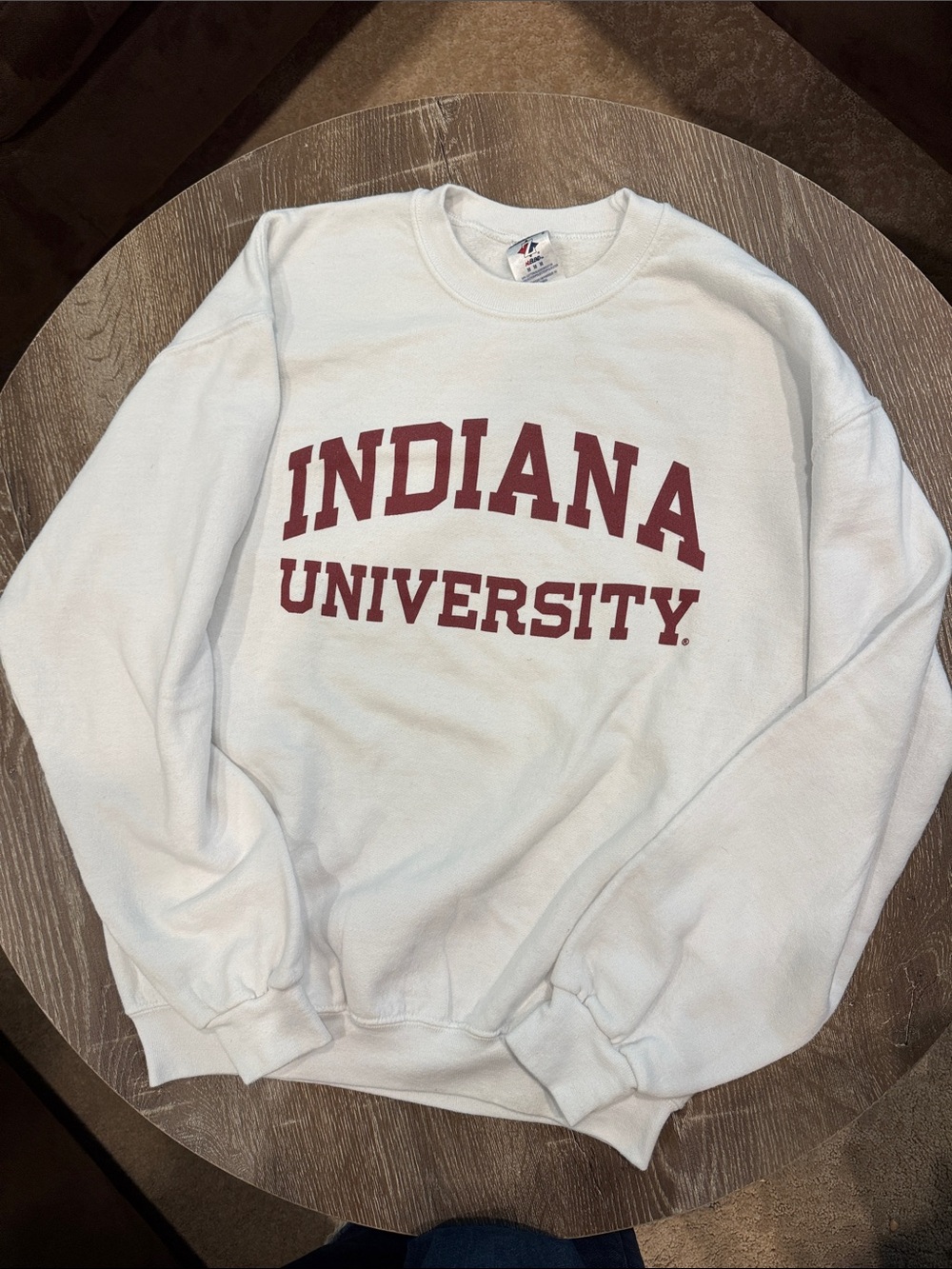 Jerzees White Sweatshirt with Maroon Indiana University Print